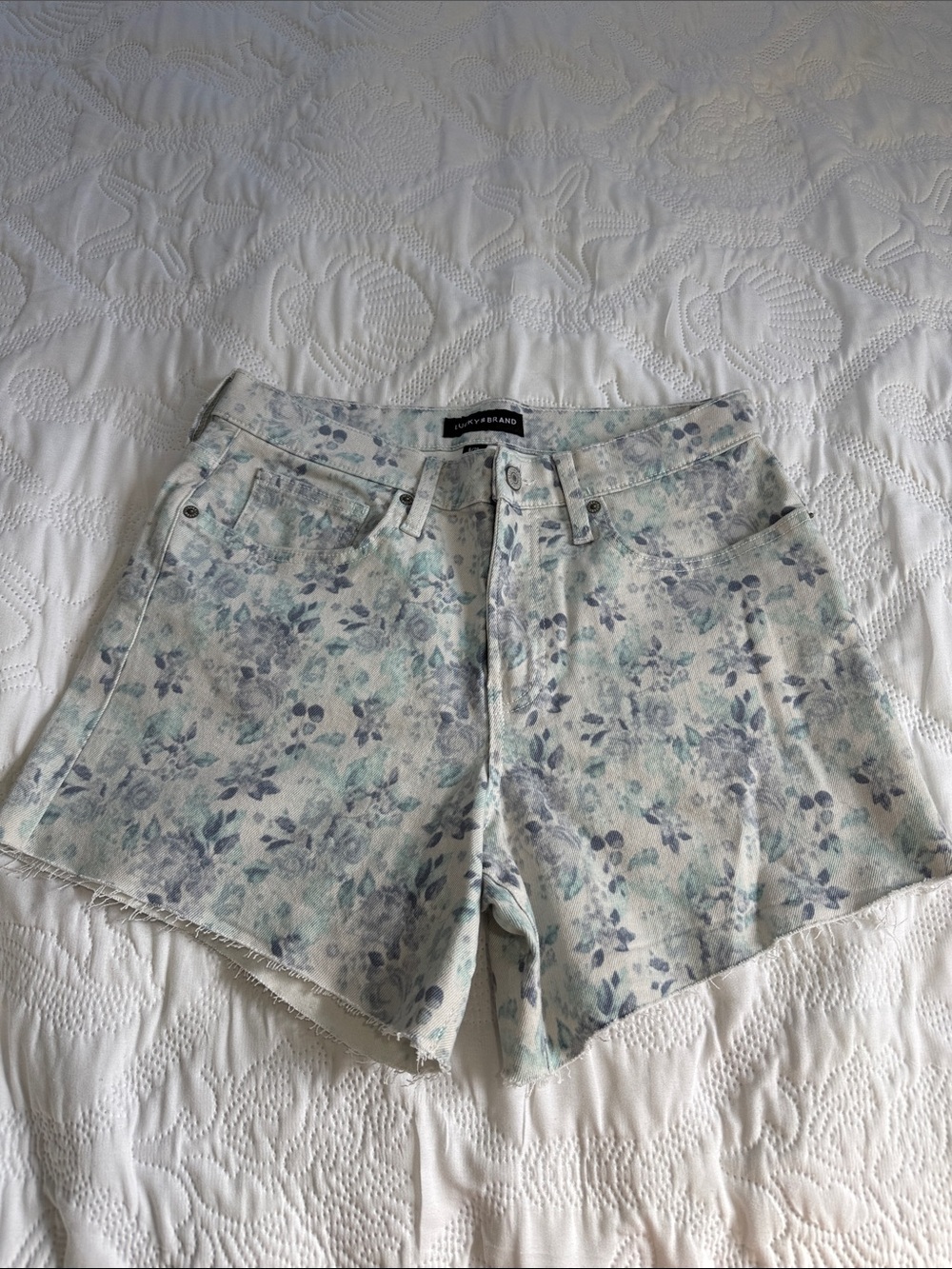 Lucky brand Floral High-Rise Denim Shorts in Light Blue and green